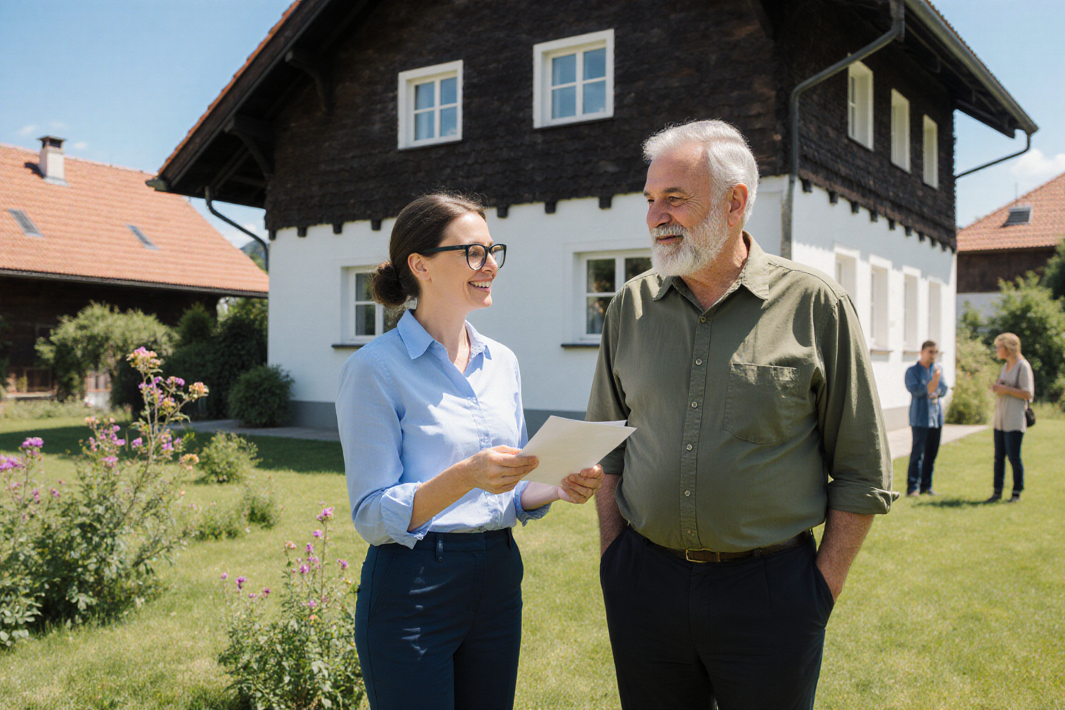 Interessent und Ansprechpartnerin im Gespräch vor einem bayerischen Wohnhaus