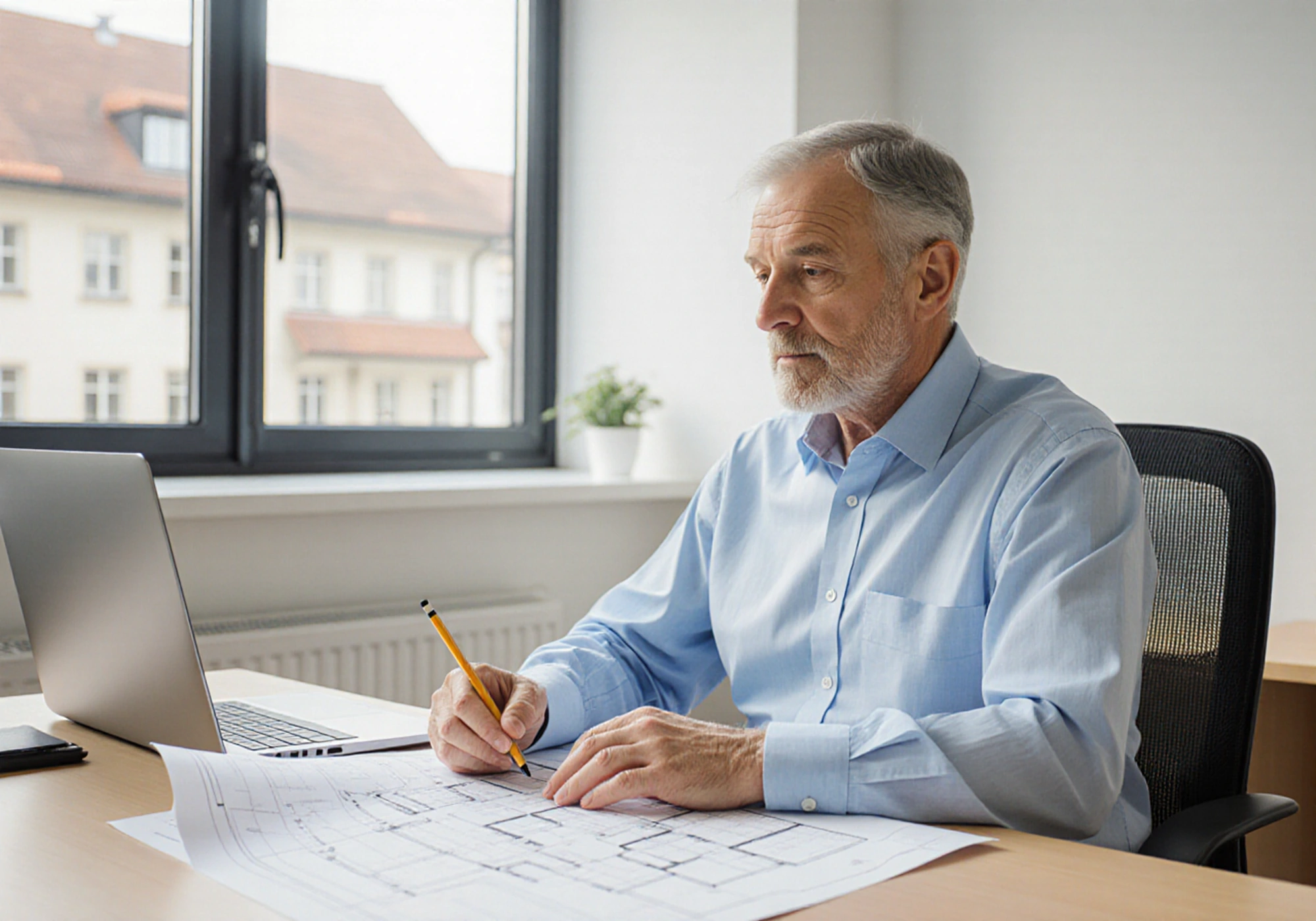 Älterer Mann arbeitet mit Unterlagen und Laptop am Schreibtisch